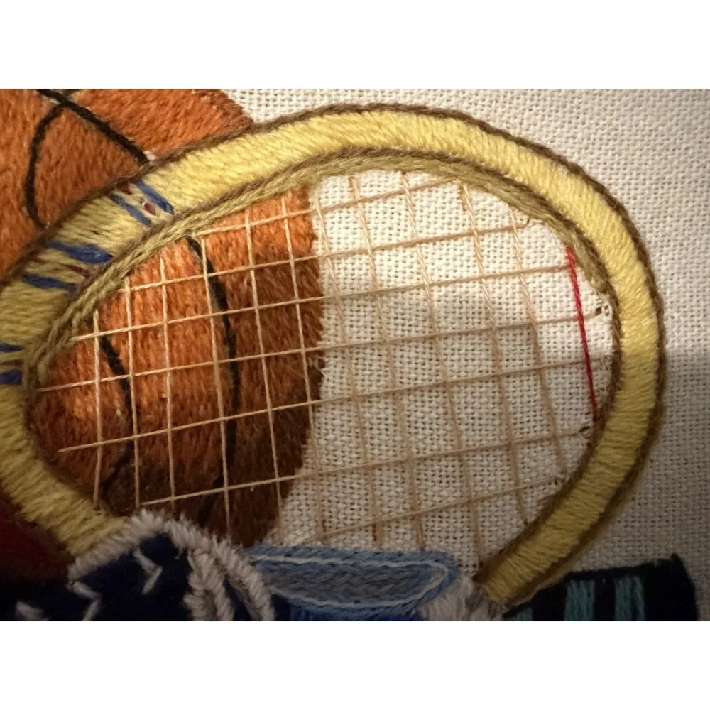 Vintage Crewel Embroidery Sports Wall Art Football Baseball Tennis Framed